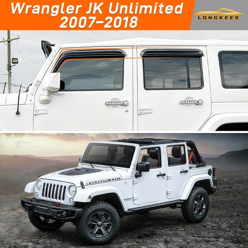 LONGKEES Window Visors Rain Guards FIT 2007–2018 Wrangler JK Unlimited 4-Door – in-Channel Vent Deflectors 4PC Set All-Weather - Image 2